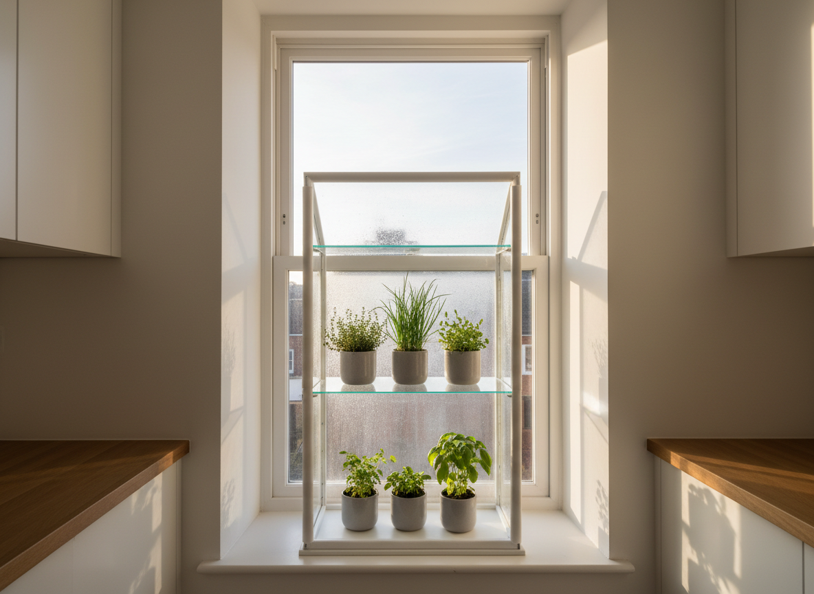 Kitchen Herb Sanctuary Starter Bundle with greenhouse unit and three live herb pots on a window sill