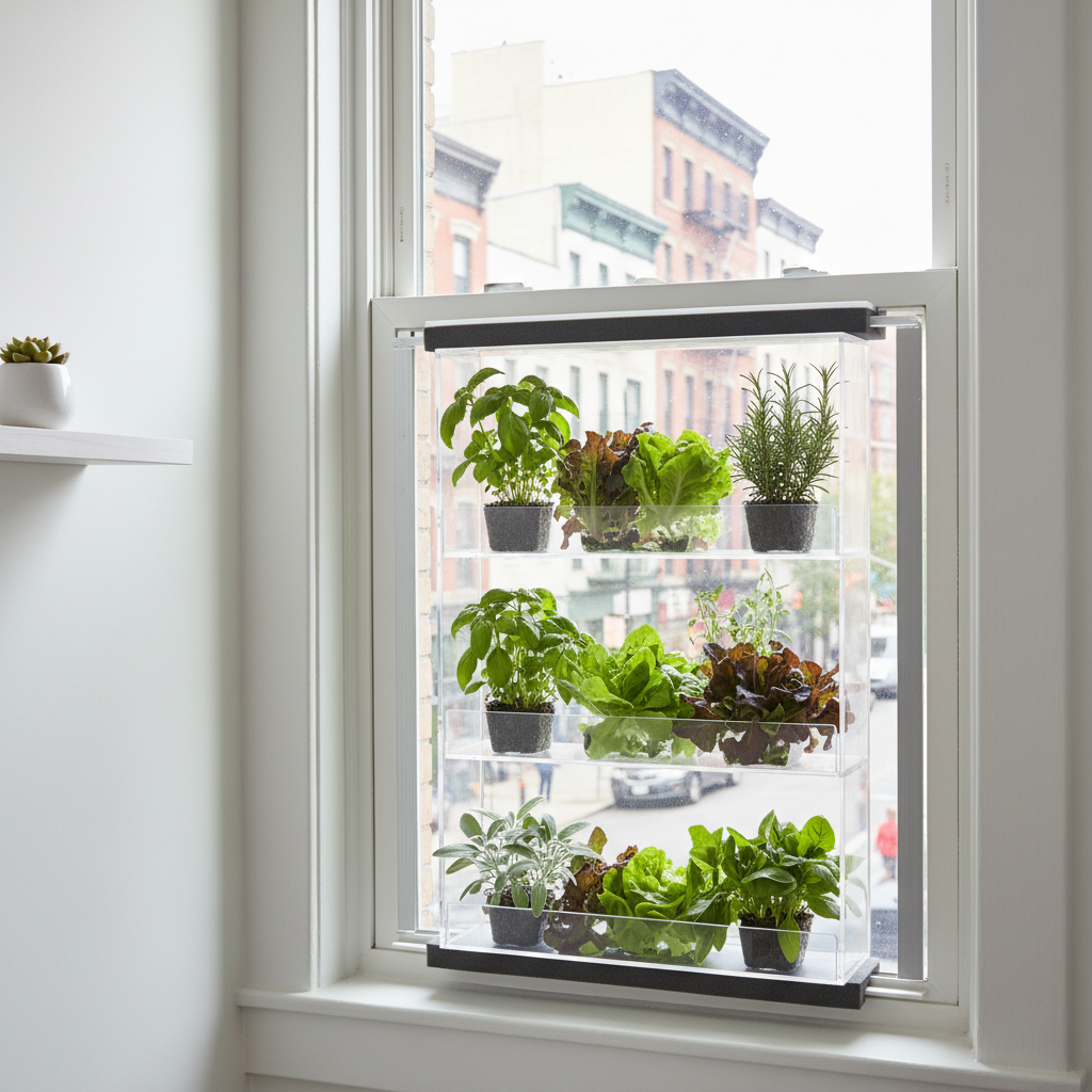 An ultra-clean, photographic cross-section style scene of a window greenhouse integrated into a traditional double-hung apartment window, as if the wall were sliced away to reveal both interior and exterior. Inside the unit, staggered trays hold mature herbs—basil, sage, and rosemary—interplanted with compact salad greens, all vibrant and healthy. The greenhouse is sealed snugly within the open sash, with foam seals and friction-fit side channels clearly visible and no drilling or tools in sight. Indoors, a minimalist white wall and floating shelf remain uncluttered, while outside, a subtle suggestion of a city street and neighboring buildings appears softly out of focus. Bright but diffused daylight evenly illuminates both sides, creating a balanced, instructive, and sophisticated mood. Captured with sharp focus and neutral tones, the composition functions like an architectural diagram made photographic and stylish.