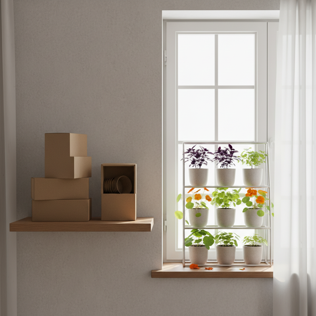 A high-end, photographic still life of a botanical subscription theme arranged beside a sash window outfitted with a window greenhouse. The greenhouse is partially filled with young herb and edible flower starts—purple basil, lemon balm, and delicate nasturtiums—planted in uniform, pale stone-colored containers. On a nearby floating shelf, three identical, unbranded kraft paper cartons sit neatly stacked, each slightly open to reveal biodegradable pots and coir pellets, subtly implying a monthly delivery. Soft morning light from the window illuminates the scene, creating gentle shadows and a serene glow on the matte surfaces. The camera is positioned at eye level with an asymmetrical composition that draws the eye from the cartons to the thriving greenery framed by the open sash. The atmosphere feels curated and luxurious, emphasizing ongoing, seasonal growth in a small, sophisticated apartment setting.
