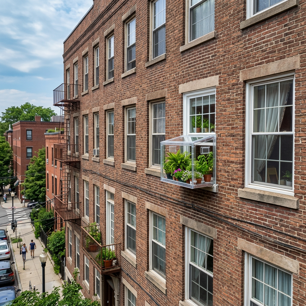 Brick apartment building with fire escapes, window garden, and city street