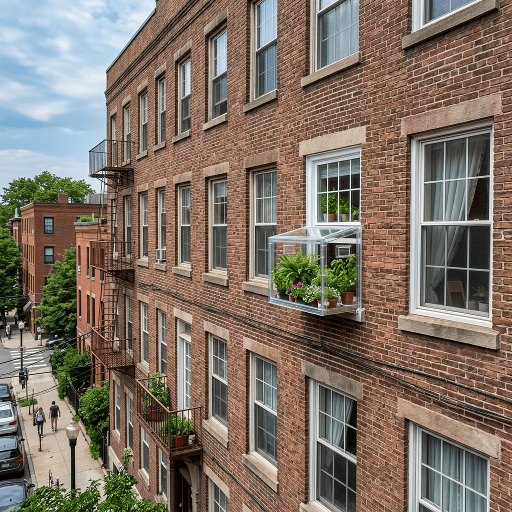 Brick apartment building with fire escapes, window garden, and city street