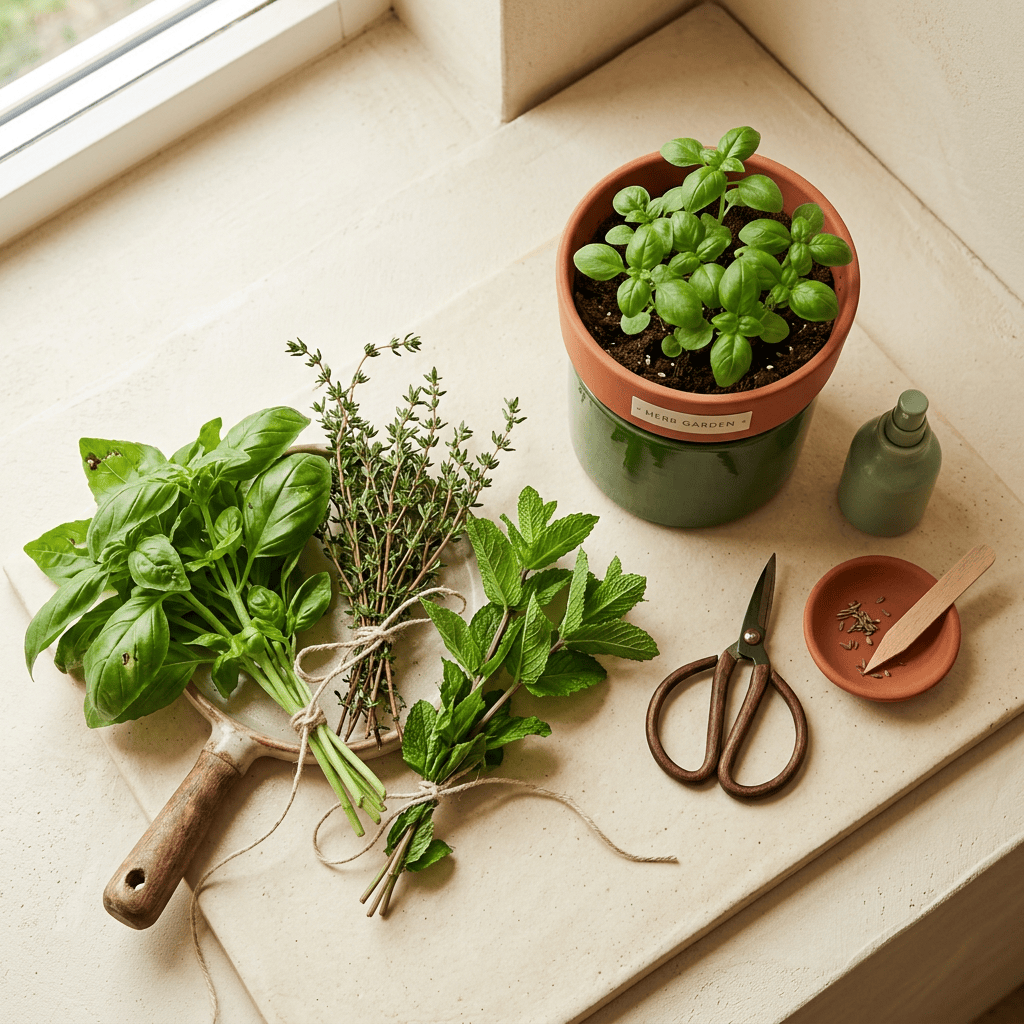 Fresh basil, thyme, and mint with gardening tools and potted basil