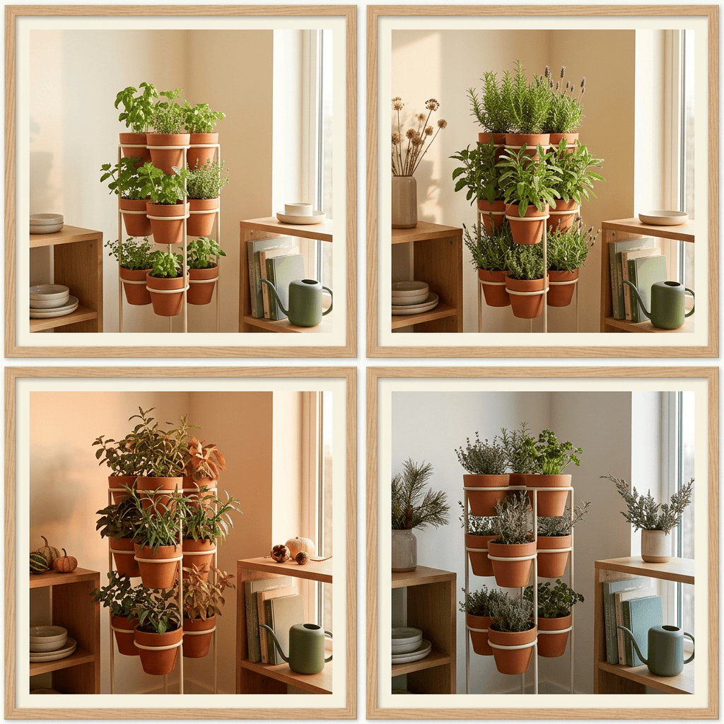 Four framed indoor plant arrangements with terracotta pots and varied greenery