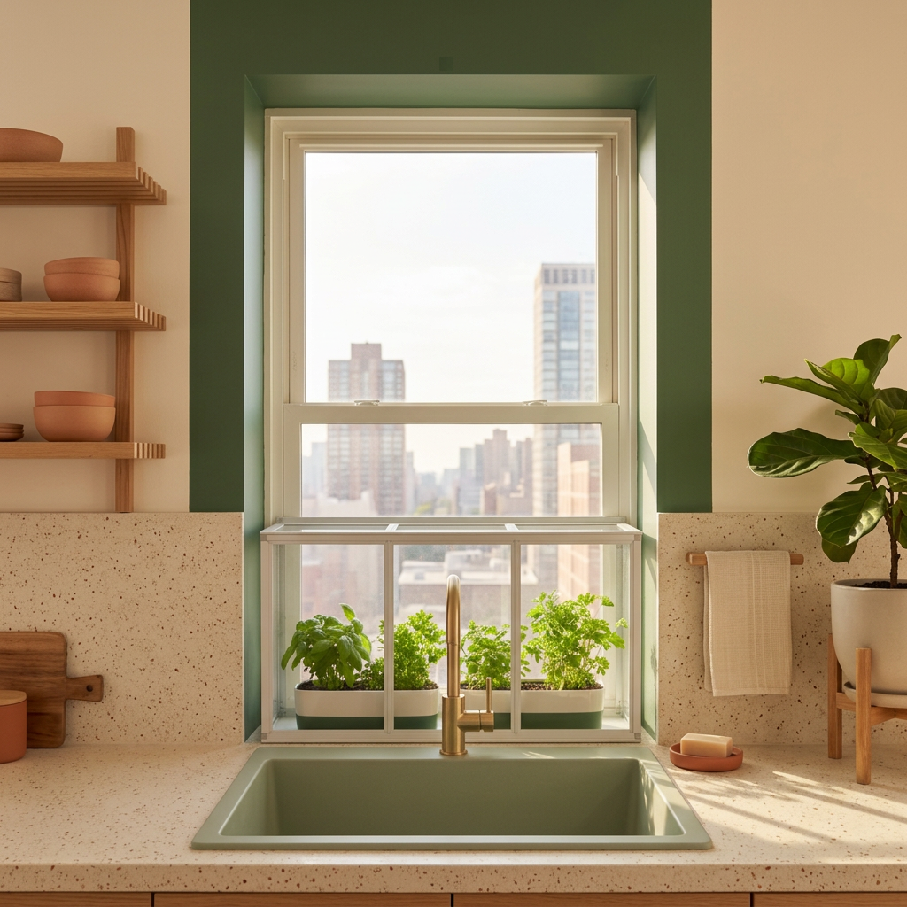 Sunlit kitchen sink beneath a window overlooking a city skyline