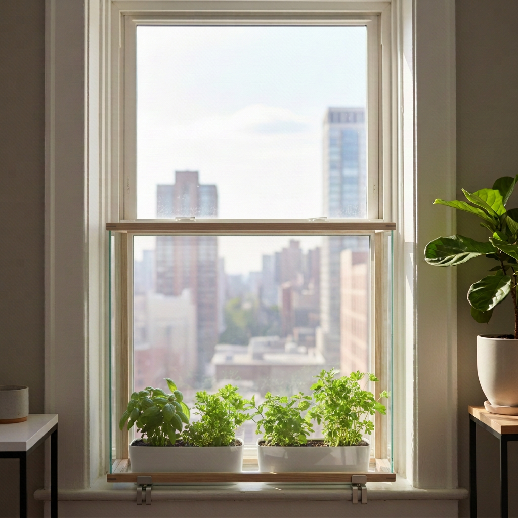 A sleek, renter-friendly window greenhouse installed in a classic white-framed, vertically opening apartment window, captured in photographic realism. The transparent, double-walled acrylic greenhouse spans the full sash opening, with slim brushed-aluminum edges and visible pressure-fit brackets gripping the window track, clearly showing a secure, tool-free installation with no screws or drilling. Inside, neat rows of basil, parsley, and mint grow in matte white planters, their leaves lush and dewy. Outside the glass, a soft-focus urban skyline suggests a high-rise setting. Late morning natural light pours through the window, creating crisp yet gentle shadows on the greenhouse edges. Shot at eye level, centered composition, with a shallow depth of field that keeps the unit and herbs in sharp focus while the apartment interior behind fades into an elegant blur, evoking a sophisticated, space-saving solution.