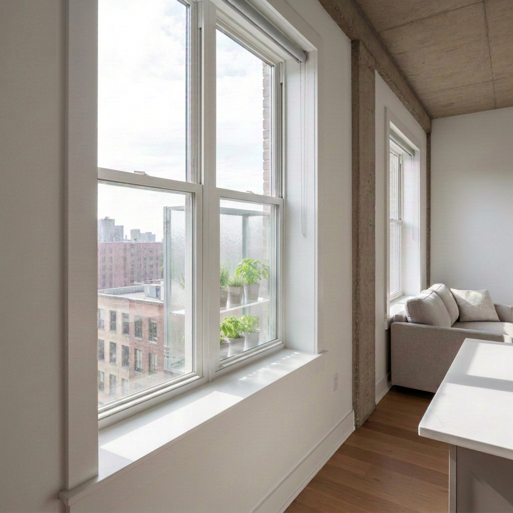 A wide-angle, photographic view of a modern urban studio apartment showcasing a large sash window fitted with a Windarium-style window greenhouse. The greenhouse occupies the full lower half of the open window, held in place by padded, adjustable side rails and a sealed bottom ledge that clearly avoids any drilling or permanent hardware. Inside, tiered trays hold compact culinary herb varieties—thyme, chives, and dwarf basil—each planted in minimalist, light gray containers. Afternoon sunlight streams through, illuminating condensation droplets on the greenhouse walls and casting delicate plant shadows on the interior frame. The surrounding apartment is tastefully minimal, with empty countertops and window sills emphasizing that no indoor surface space is sacrificed. The mood is calm and refined, captured from a slightly elevated angle with balanced composition and sharp focus throughout, conveying an elegant, renter-friendly growing environment.