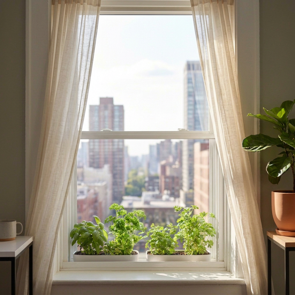 window greenhouses A sleek, renter-friendly window greenhouse installed in a classic white-framed, vertically opening apartment window, captured in photographic realism. The transparent, double-walled acrylic greenhouse spans the full sash opening, with slim brushed-aluminum edges and visible pressure-fit brackets gripping the window track, clearly showing a secure, tool-free installation with no screws or drilling. Inside, neat rows of basil, parsley, and mint grow in matte white planters, their leaves lush and dewy. Outside the glass, a soft-focus urban skyline suggests a high-rise setting. Late morning natural light pours through the window, creating crisp yet gentle shadows on the greenhouse edges. Shot at eye level, centered composition, with a shallow depth of field that keeps the unit and herbs in sharp focus while the apartment interior behind fades into an elegant blur, evoking a sophisticated, space-saving solution.