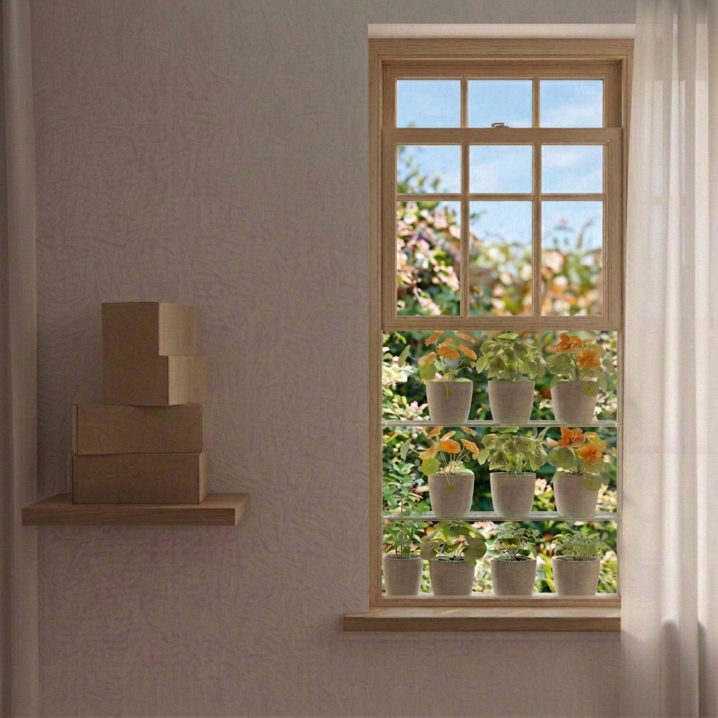 window greenhouses A high-end, photographic still life of a botanical subscription theme arranged beside a sash window outfitted with a window greenhouse. The greenhouse is partially filled with young herb and edible flower starts—purple basil, lemon balm, and delicate nasturtiums—planted in uniform, pale stone-colored containers. On a nearby floating shelf, three identical, unbranded kraft paper cartons sit neatly stacked, each slightly open to reveal biodegradable pots and coir pellets, subtly implying a monthly delivery. Soft morning light from the window illuminates the scene, creating gentle shadows and a serene glow on the matte surfaces. The camera is positioned at eye level with an asymmetrical composition that draws the eye from the cartons to the thriving greenery framed by the open sash. The atmosphere feels curated and luxurious, emphasizing ongoing, seasonal growth in a small, sophisticated apartment setting.